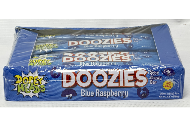 Dopey Heads Doozies Blue Raspberry Sour Chewy and Stretchy Bars 24 x 20g