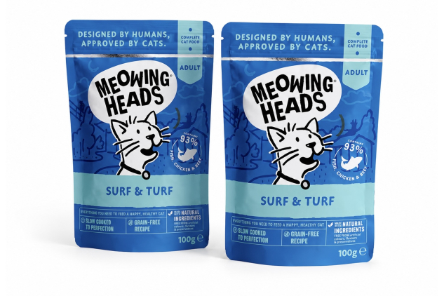Meowing Heads Wet Cat Food Surf & Turf 93% Natural Fish Chicken & Beef 2 X 100g Pouches