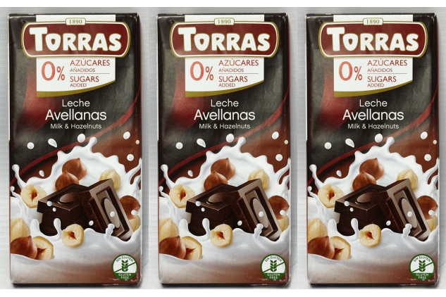 Torras No Added Sugar Milk Hazelnut Chocolate Bars 3 x 75g