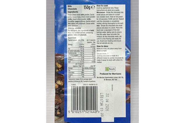 Morrisons Milk Cooking Chocolate 150g
