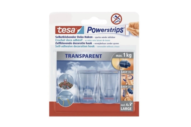 tesa Adhesive Hooks for Glass - Invisible Hanging Hooks for Mirrors and Transparent Surfaces - Holds up to 1kg per Hook - Pack of 2 includes 4 Adhesive Strips