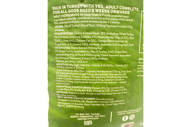 Harringtons Adult Complete Dry Dog Food Turkey & Veg | 15kg | DAMAGED BAG