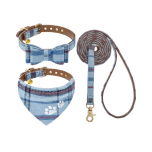 EXPAWLORER Dog Collar and Lead Set - Classic Plaid Bow Tie and Embroidery Pawprint Bandana Dog Collar with Bell Adjustable Pet Collars for Cats Puppy Small Dog