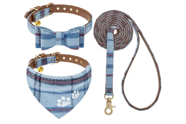 EXPAWLORER Dog Collar and Lead Set - Classic Plaid Bow Tie and Embroidery Pawprint Bandana Dog Collar with Bell Adjustable Pet Collars for Cats Puppy Small Dog