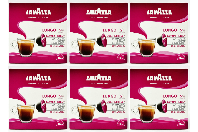 Lavazza Lungo Dolce Gusto Compatible Coffee Pods 6 x 16 Boxes 96 Capsules