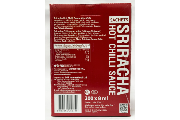 Flying Goose Sriracha Hot Chilli Sauce Sachets 200 x 8ml No MSG