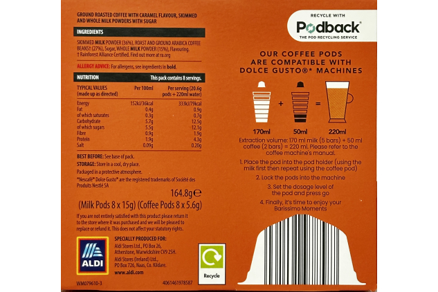 Barissimo Latte Macchiato Caramel Coffee Pods Dolce Gusto Compatible 96 Pods