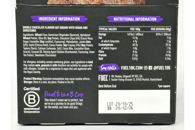 FUEL10K Double Chocolate Oat Square High Protein Bars 24 x 50g