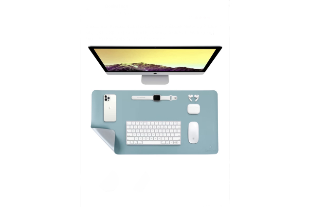 Reversible Office Desk Mat – Light Blue & Silver 35 X 60cm Dual-Sided Desk Mat Waterproof Faux Leather Table Surface Protector