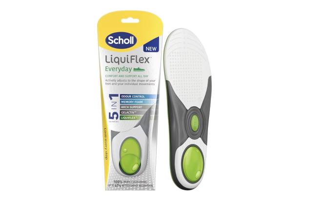 Scholl LiquiFlex Everyday Insoles for Women, 5-in-1 Supportive Insoles with Memory Foam, Arch Support, GelActiv, and Odour Control Trim to Fit UK Size S (3.5-7.5), 1 Pair