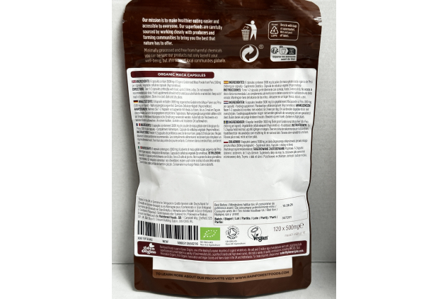 Rainforest Foods Organic Maca Capsules 120 x 500mg Vegan