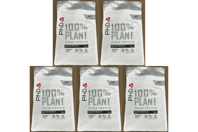 PhD 100% Plant Vegan Protein Powder Belgian Chocolate 5 x 1kg Bulk Pack | 200 Servings Total