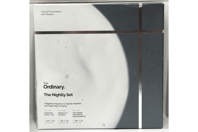 The Ordinary The Nightly Set Hyaluronic Acid Retinal Rose Hip Oil Skincare Gift Set | Imperfections To Outer Box Packaging