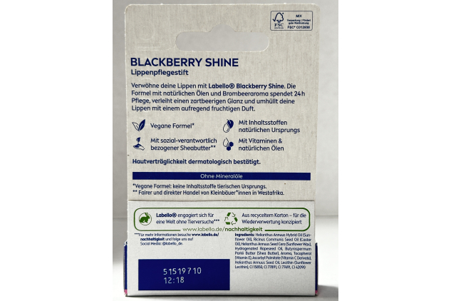 Labello Blackberry Shine Lip Balm 4.8g 24h Care Vegan Formula