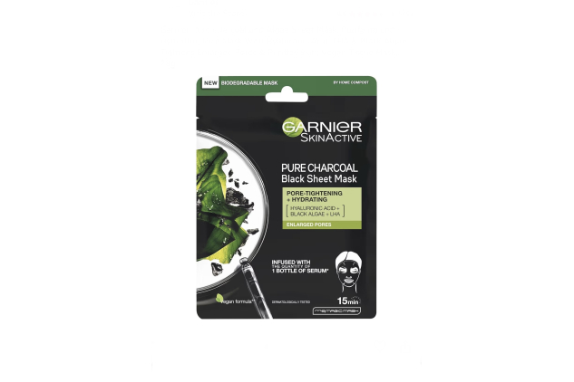 Garnier Pure Charcoal and Algae Sheet Mask Purifying and Hydrating Face Mask With Hyaluronic Acid, LHA & Black Algae 28g