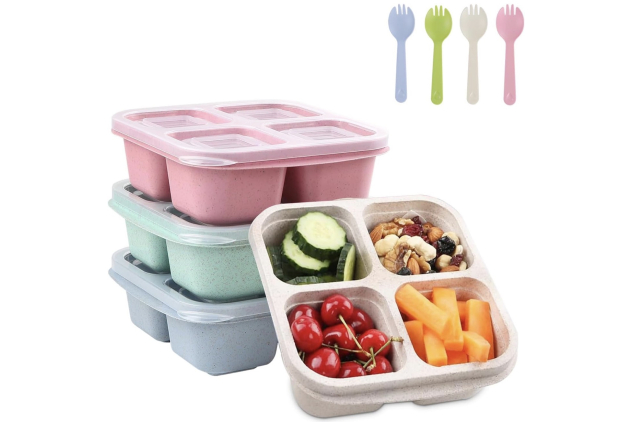 Snack Boxes with 4 Compartments, Lids and Spoons 4 Pack Pastel Colours