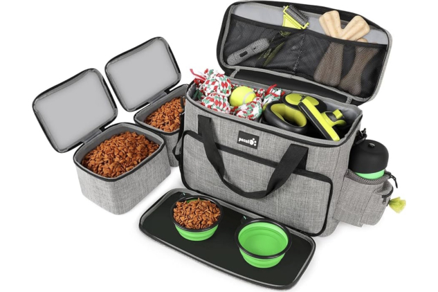 Pecute Dog Travel Bag Grey With Food Bags & Bowls