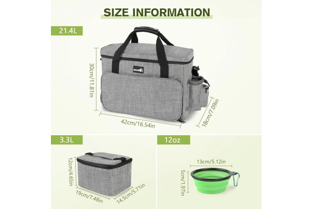 Pecute Dog Travel Bag Grey With Food Bags & Bowls