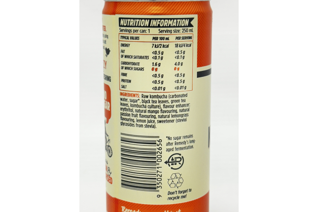 Remedy Kombucha Mango Passion No Sugar 250ml Can