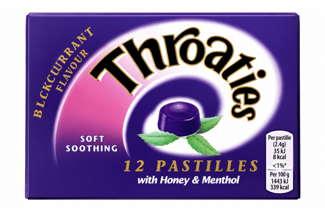 Throaties Blackcurrant Flavour Soft Soothing Pastilles with Honey & Menthol 12 Pastilles