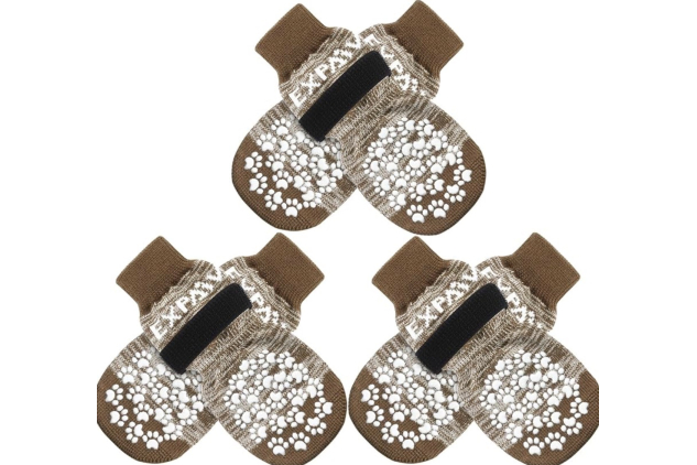 EXPAWLORER Anti-Slip Dog Socks Brown M 3 Pairs