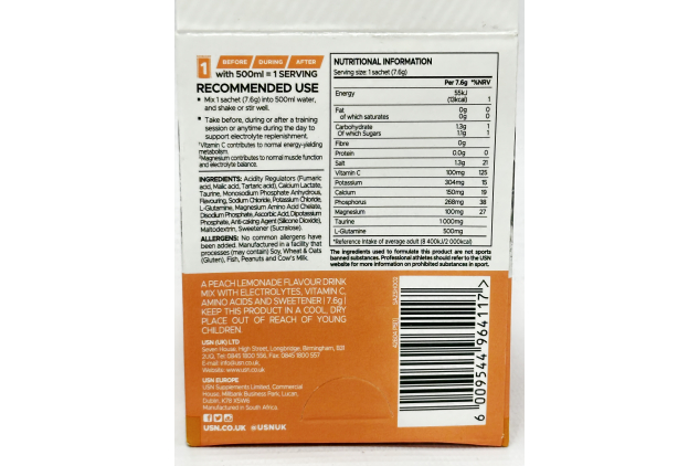 USN Instant Hydrator Peach Lemonade Electrolyte Drink Sachets 20 x 7.6g