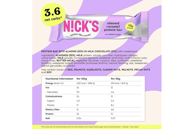 NICK’S Almond Caramel Keto Protein Bars 12 x 50g