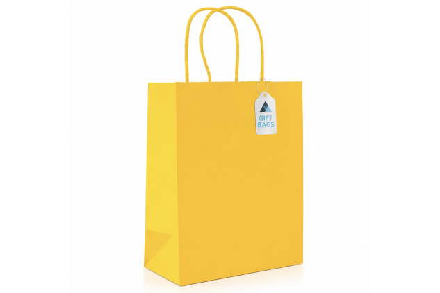 Small Paper Gift Bags with Twist Handles Yellow, 18x9x22cm, 25 Pack, Premium Kraft Material for Birthdays, Parties, Weddings