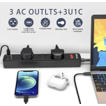 Extension Lead with USB-C & 3 USB Ports 3 Way Black 2m