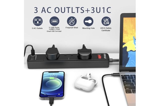 Extension Lead with USB-C & 3 USB Ports 3 Way Black 2m