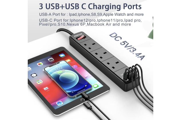 Extension Lead with USB-C & 3 USB Ports 3 Way Black 2m