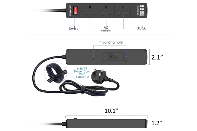 Extension Lead with USB-C & 3 USB Ports 3 Way Black 2m