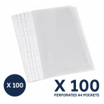 100 x A4 Punch Pockets Clear Plastic Wallets | Crystal Clear Polypropylene Document Sleeves 6/100 Micron