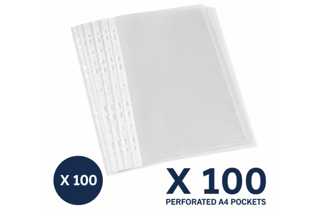100 x A4 Punch Pockets Clear Plastic Wallets | Crystal Clear Polypropylene Document Sleeves 6/100 Micron