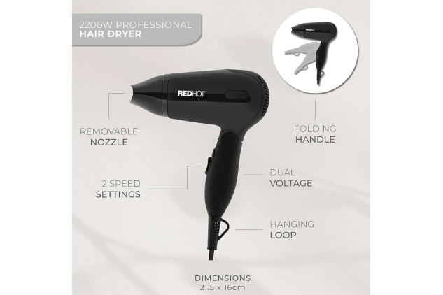 Red Hot Travel Hair Dryer Dual Voltage Black 1200W