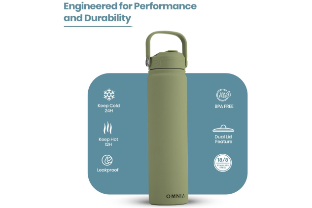 Vacuum Insulated Stainless Steel Water Bottle with 2 Lids 750ml – Olive Green