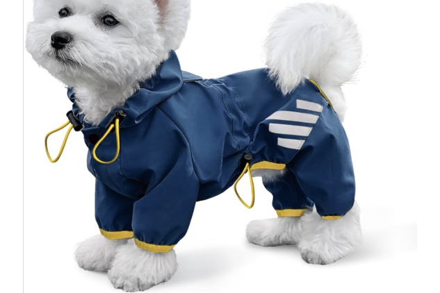 Miucat Waterproof Dog Raincoat Blue Large | Hooded Reflective 4-Leg Jacket