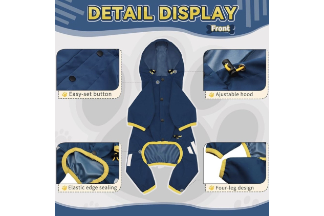 Miucat Waterproof Dog Raincoat Blue Large | Hooded Reflective 4-Leg Jacket