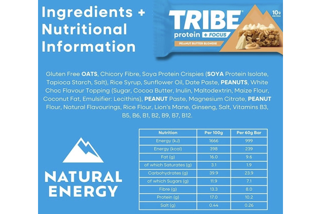 TRIBE Protein + Focus Peanut Butter Blondie Vegan Protein Flapjack Bars 12 x 60g