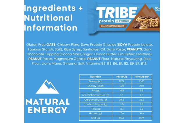 TRIBE Protein + Focus Flapjack Bars Peanut Butter Choc Chip 12 x 60g Vegan High Protein High Fibre Gluten Free Snack with Lion's Mane & Ginseng
