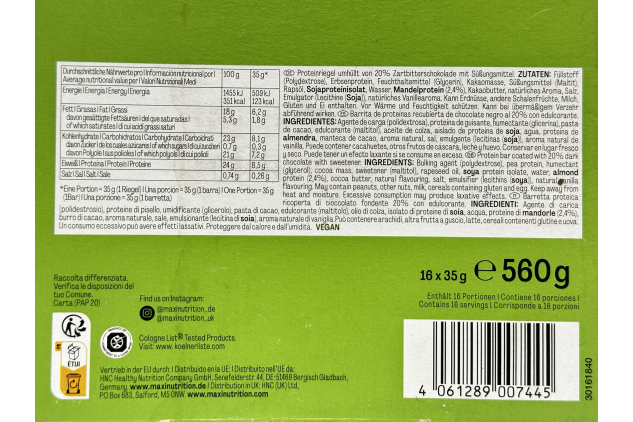 MaxiNutrition Vegan Classic Protein Bars Chocolate Almond 16 x 35g | Plant Based High Protein Snack | Low Sugar Vegan Protein Bars