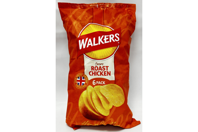 Walkers Crispy Roast Chicken Flavour Potato Crisps 6 Pack | 6 x 25g Multipack | Made with 100% British Potatoes