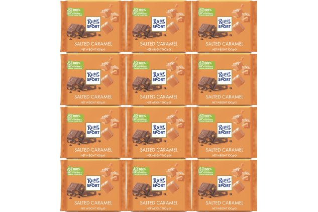 Ritter Sport Salted Caramel Milk Chocolate Bars 12 x 100g | Salted Butter Caramel Crisps & Caramel Pieces | Bulk Chocolate Multipack