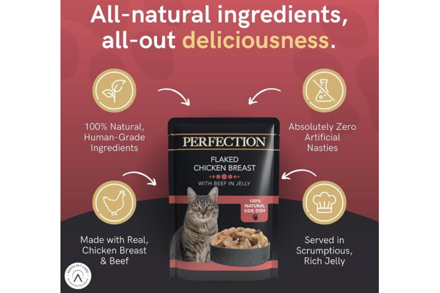 HiLife Perfection Flaked Chicken Breast with Beef in Jelly Cat Food Pouches 18 x 70g | Natural Complementary Wet Cat Food 1.26kg