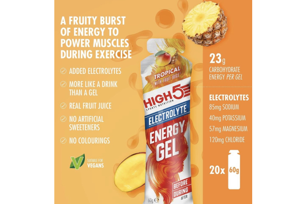 HIGH5 Energy Gel with Electrolytes Tropical 20 x 60g | Natural Fruit Juice Sports Energy Gels | Vegan | Caffeine Free