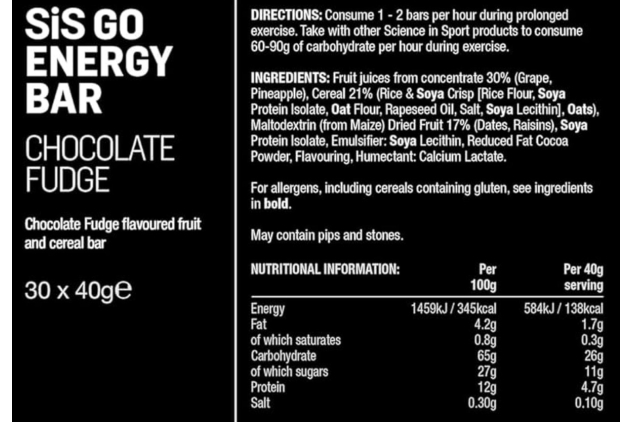 Science in Sport SiS GO Energy Bar Chocolate Fudge Flavour 30 x 40g High Carb Fruit & Cereal Energy Bars 1.2kg