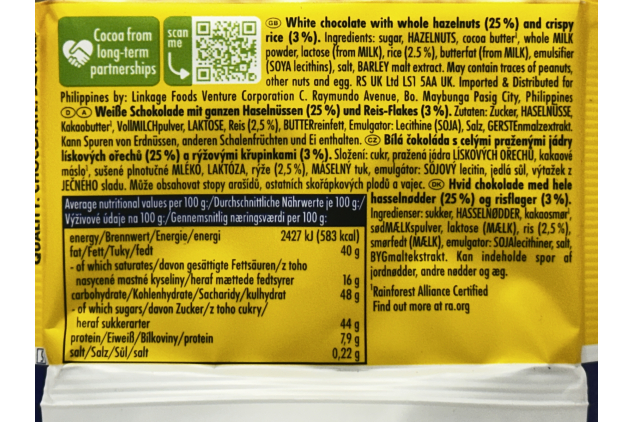 Ritter Sport White Whole Hazelnuts Chocolate 100g Bars Pack of 10