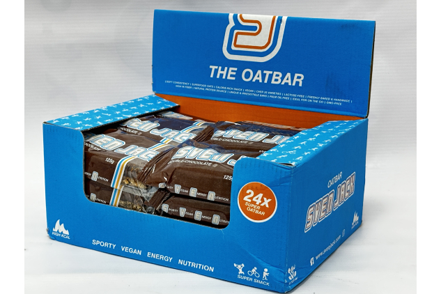 SvenJack Oat Bars Double Chocolate 24 x 125g, High Energy Oatmeal Bar with Cocoa Coating and Chocolate Biscuit Pieces, Vegan, Lactose Free, Bulk Pack Snack for Sport, Gym, Workout and Office