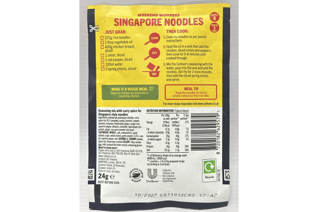 Colman's Weekend Wonders Singapore Noodles Meal Maker recipe mix spice mix for a takeaway-style family meal perfect with rice noodles 24 g