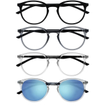 OPULIZE Met 4 Pack Reading Glasses with Sun Reader Large Round Black Grey Transparent Men Women +0.00